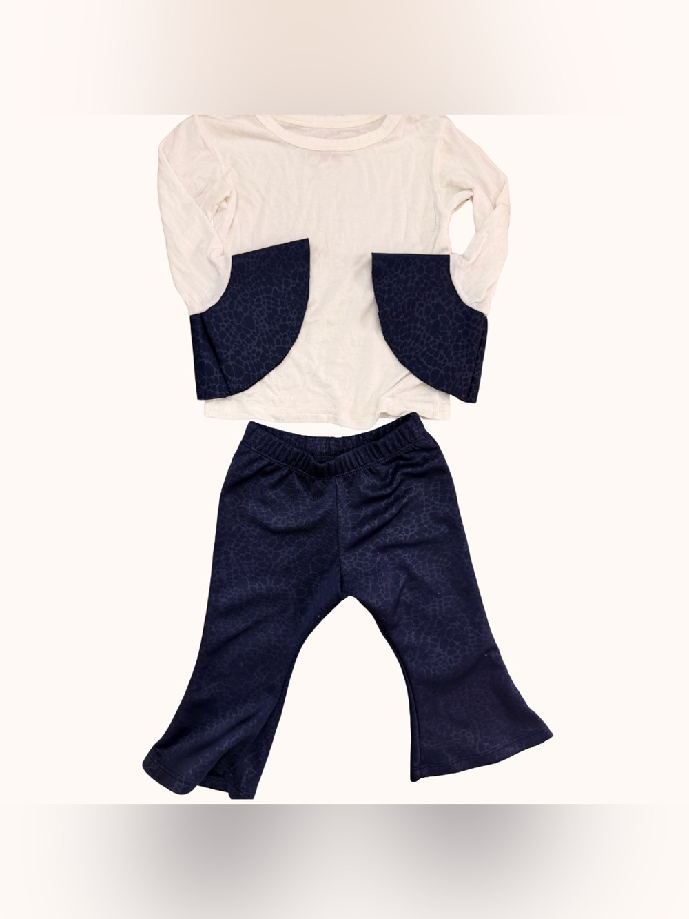 Girls Navy and Cream Matching Set - Long Sleeve Top & Flare Pants